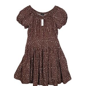 New J. Crew Puff Sleeve Mini Dress 10 Brown White Floral Off Shoulder Drop Waist